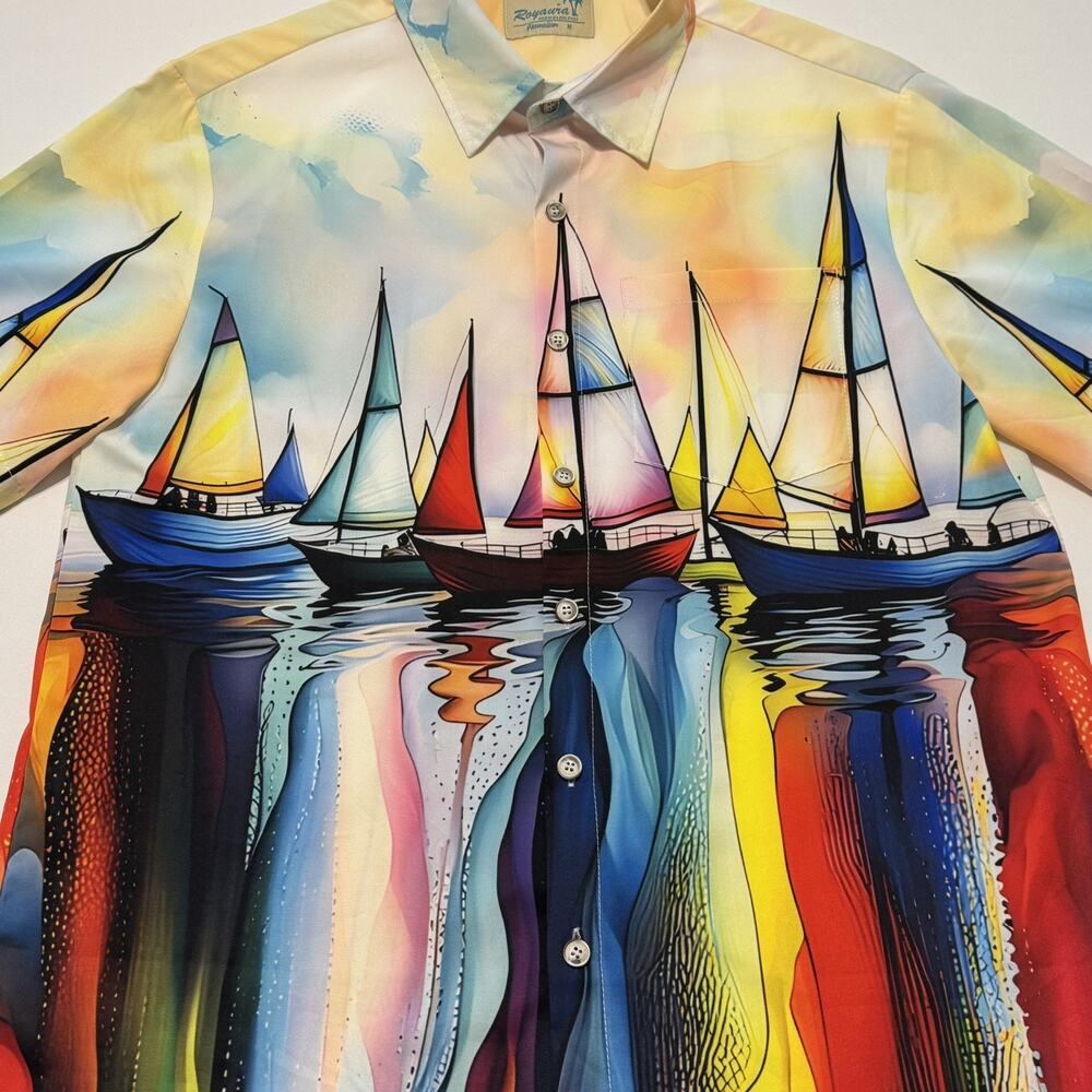 Royaura Men's Hawaiian Short Sleeve Medium Multi Color Sail Boat Print Shirt - Picture 1 of 14
